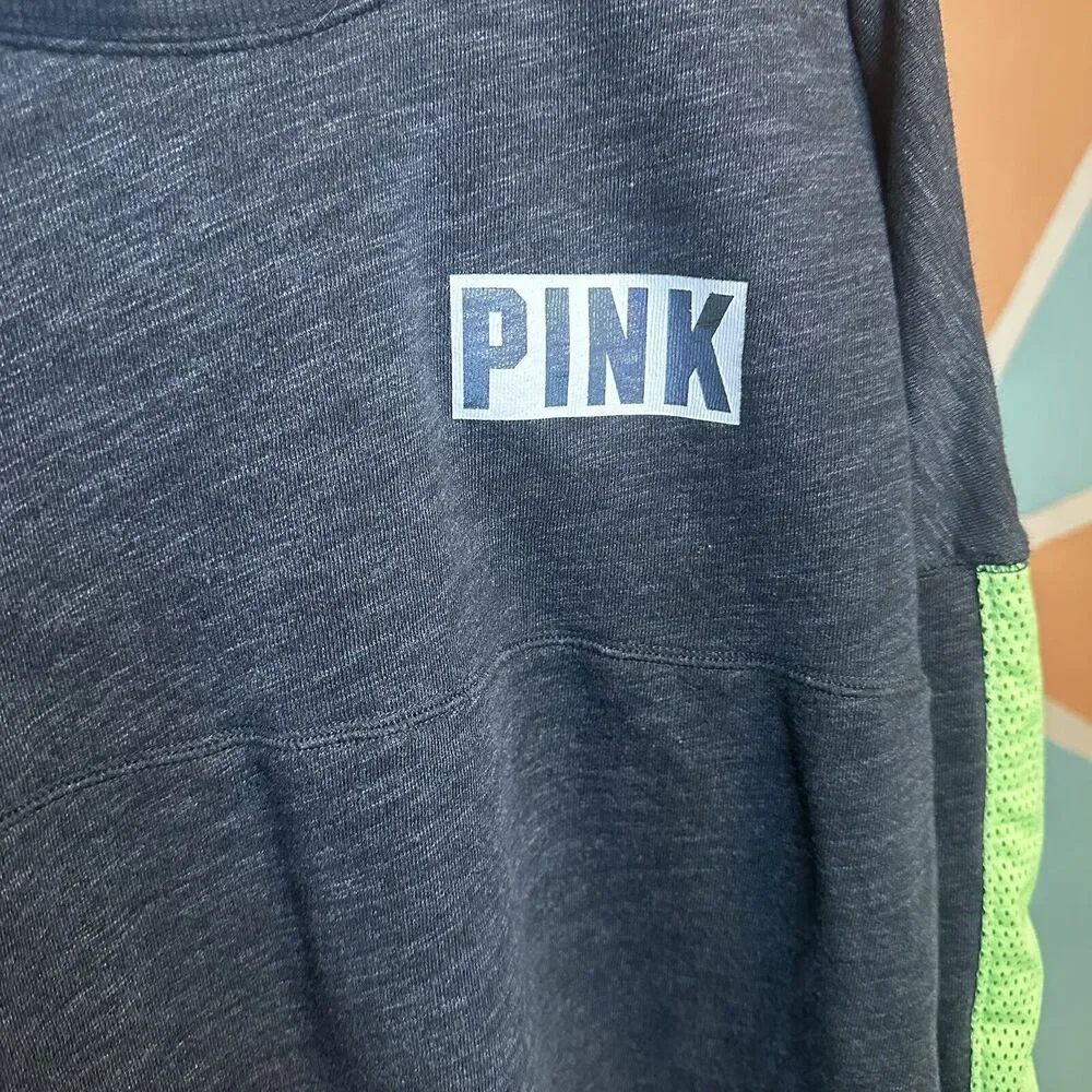 Victoria’s Secret PINK Varsity‎ Crew Green Grey Pullover Holographic Metallic S